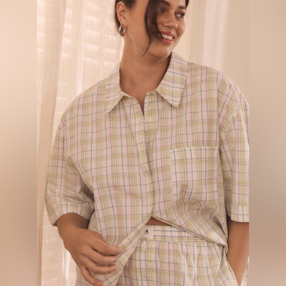 NWT By Anthropologie Short Sleeve Button-up Pajama Top Plaid Women’s L Oversized